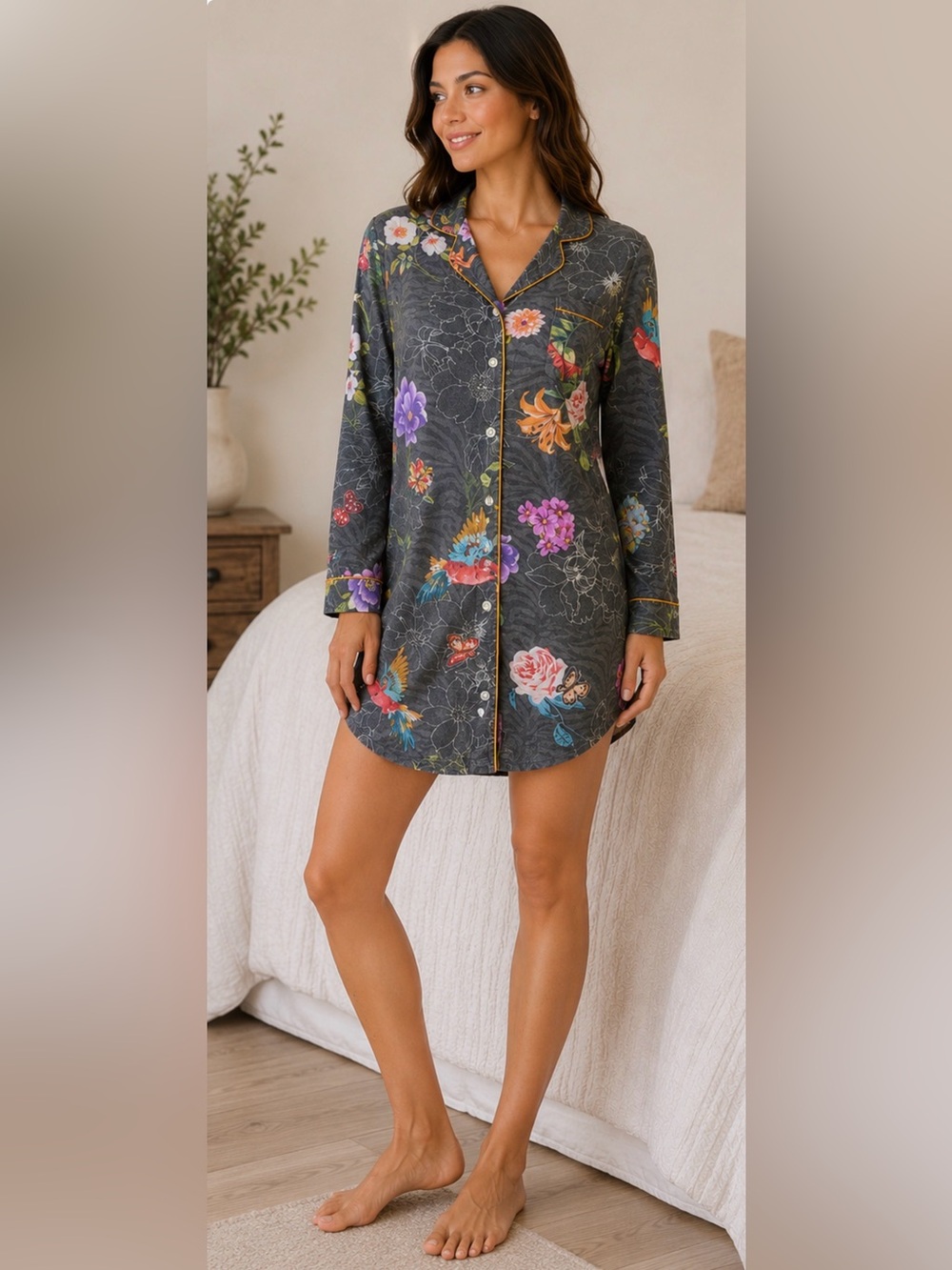 Johnny Was Neena Floral Bird Charcoal Sleep Shirt Nightshirt Pajama XS